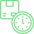 Package and clock icon, green outline.