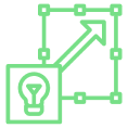 Arrow and lightbulb icon in green outline.